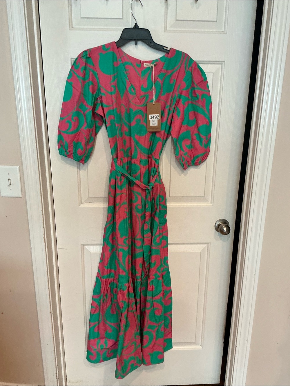 Green and Pink Puff-Sleeve Maxi Dress with Tie Waist